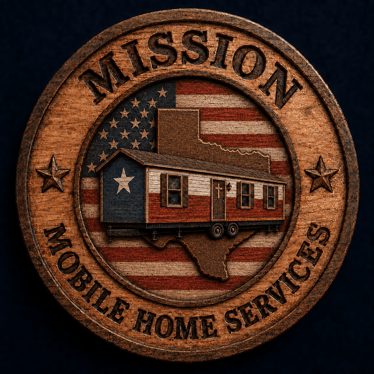 Mission Mobile Home Services carved wooden Texas badge with American flag